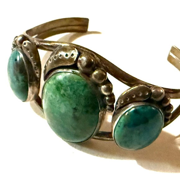 Native American Jewelry - Signed Sterling Silver Turquoise Three-Stone Cuff Bracelet